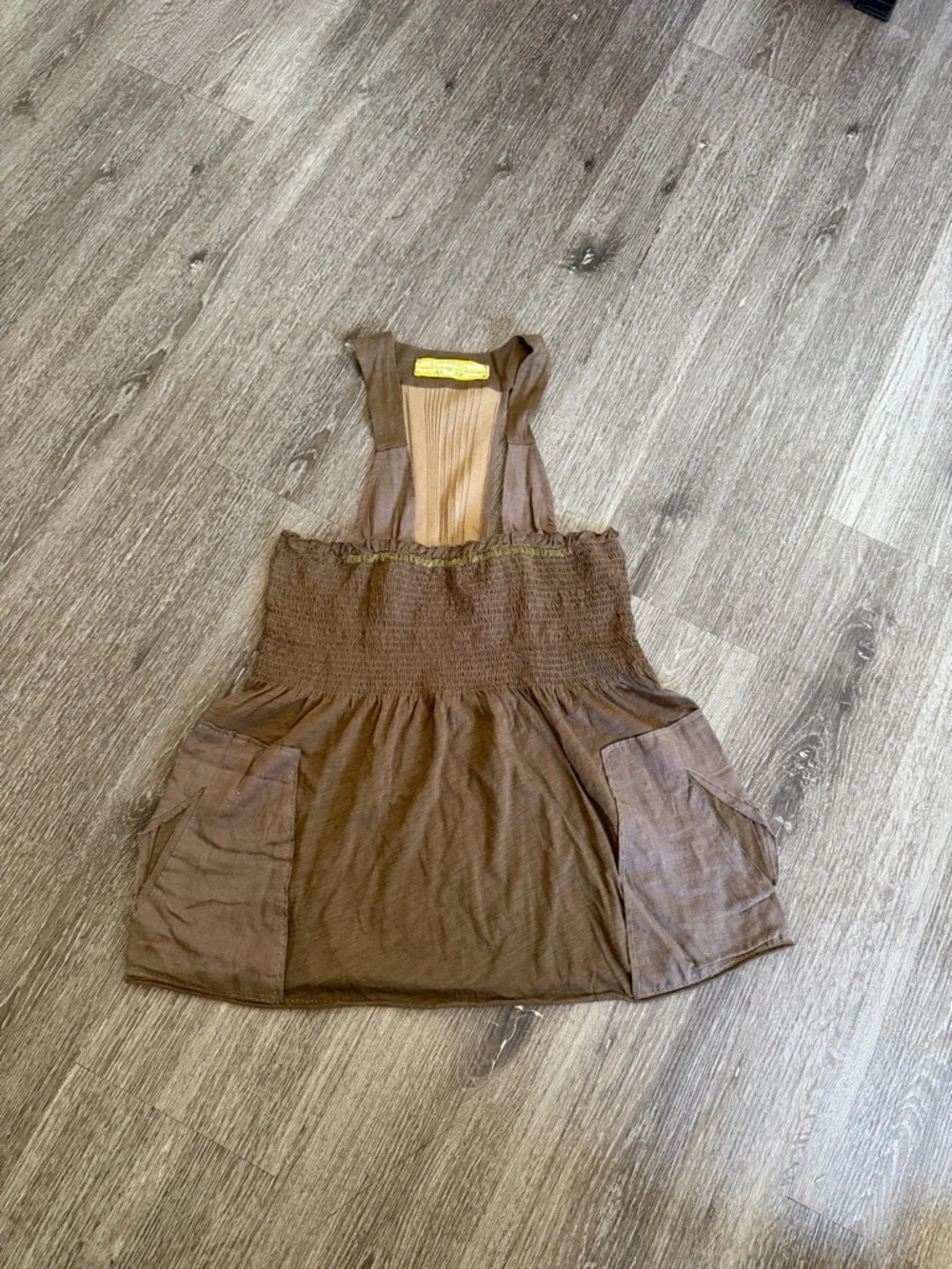 Brown Pocketed Smocked Apron Dress